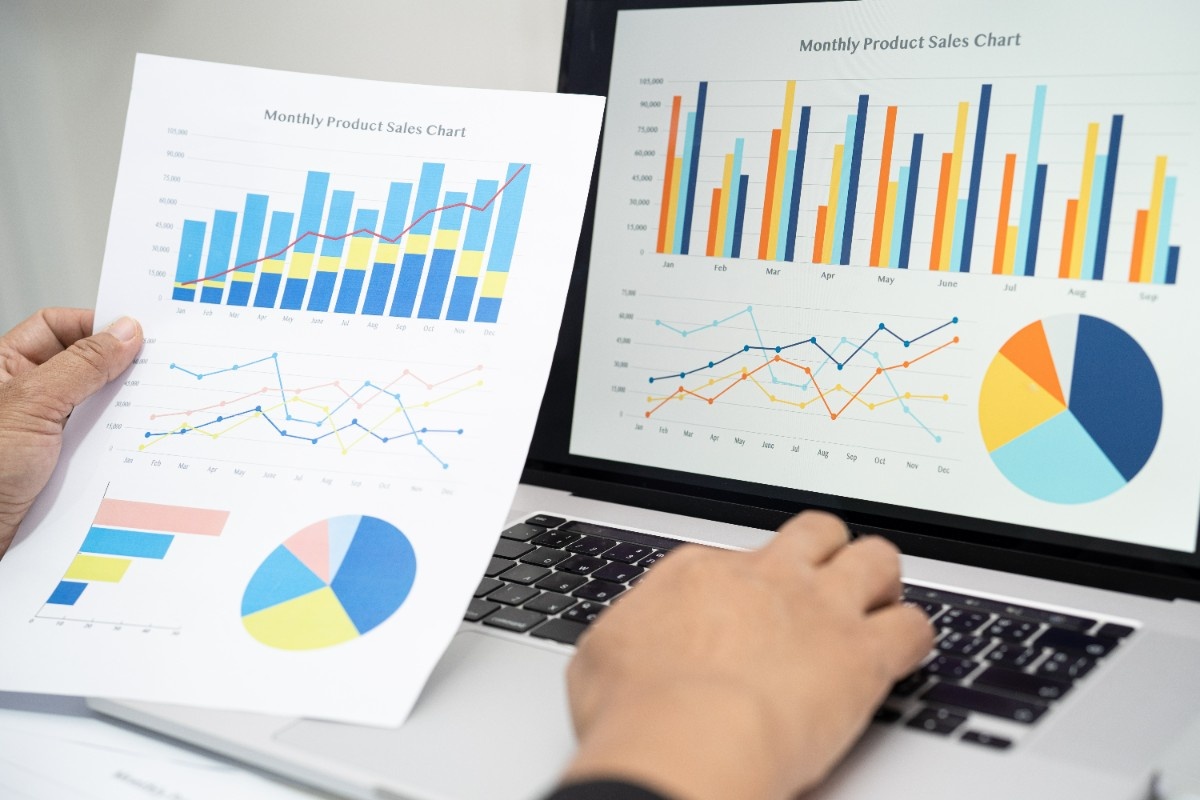 Analytics dashboard showing website performance metrics, traffic data, and search statistics